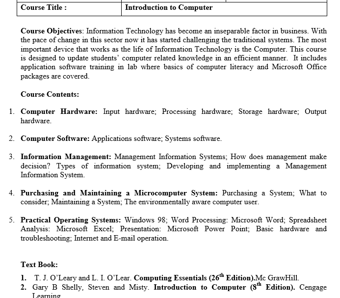 Syllabus of Introduction to Computer