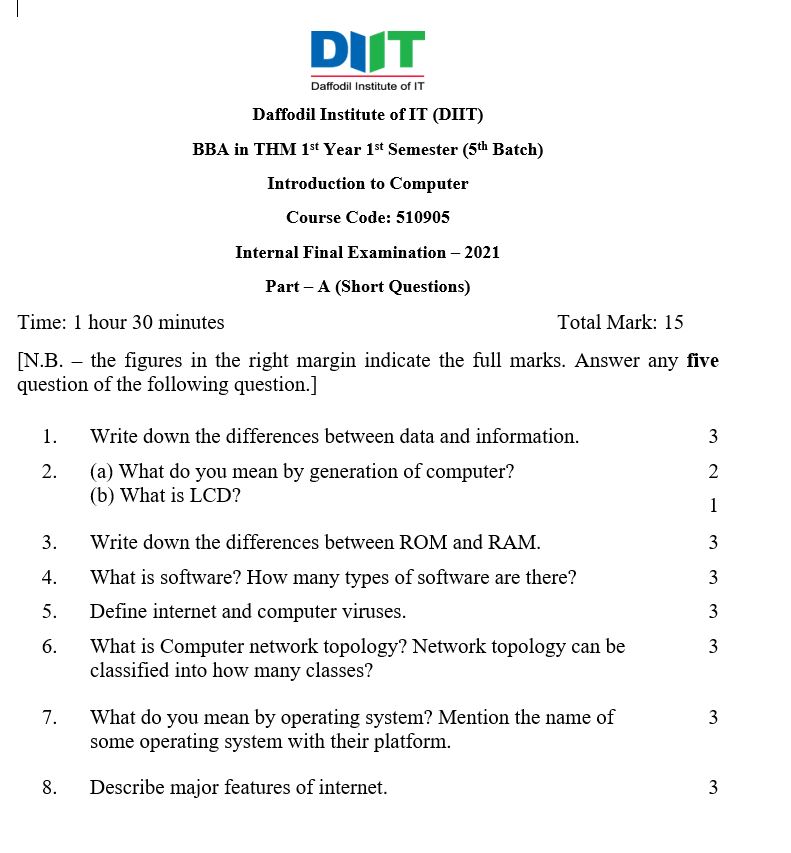 Internal Final Short Questions Examination of Introduction to Computer