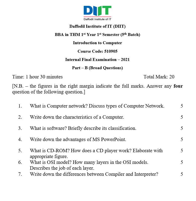 Internal Final Broad Questions Examination of Introduction to Computer