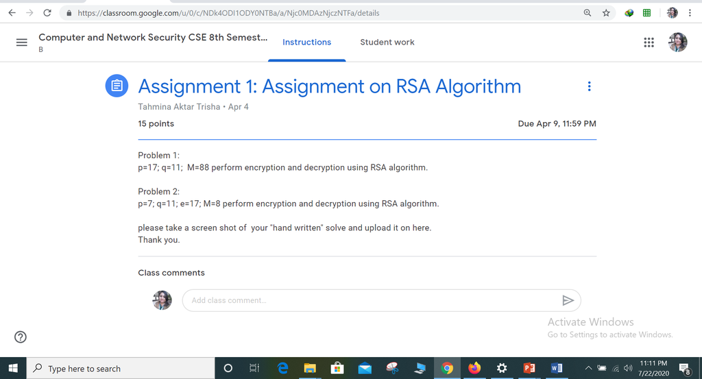 Assignment on RSA Algorithm