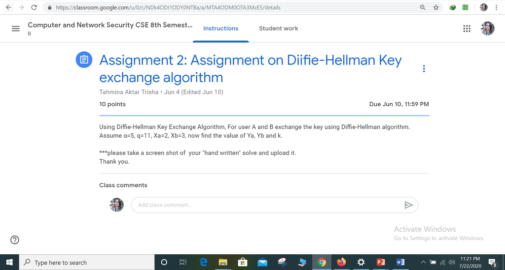 Assignment on Diffie Hellman key exchange algorithm